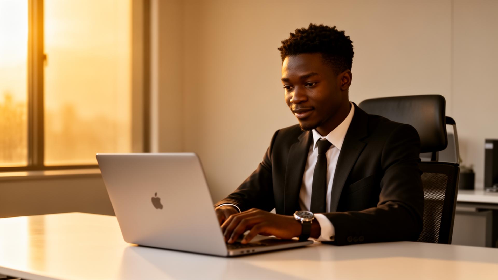 Young professional working on a sleek laptop in golden light