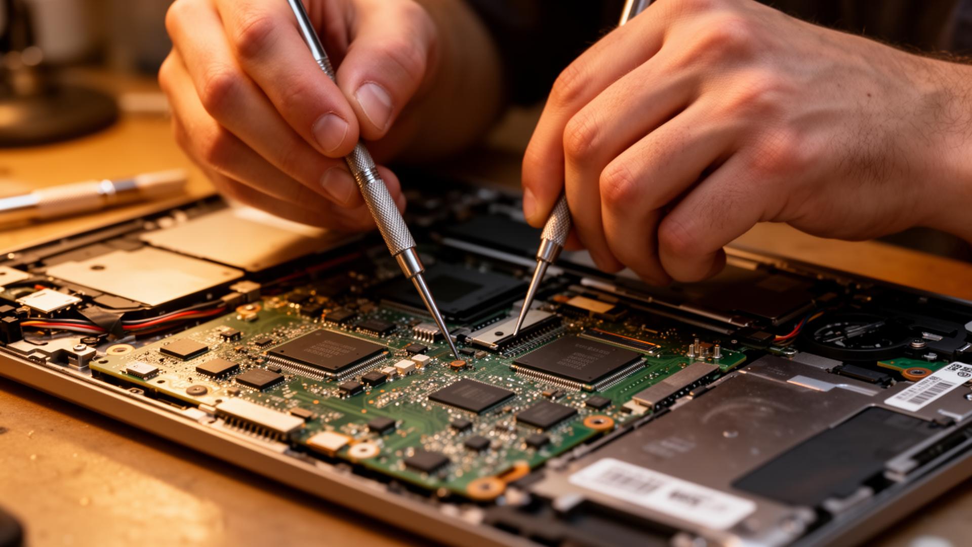 Skilled technician repairing a laptop motherboard with precision tools