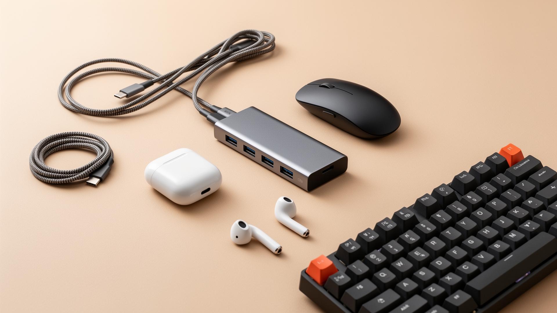 Flat-lay of premium tech accessories — hub, mouse, cables, earbuds, keyboard
