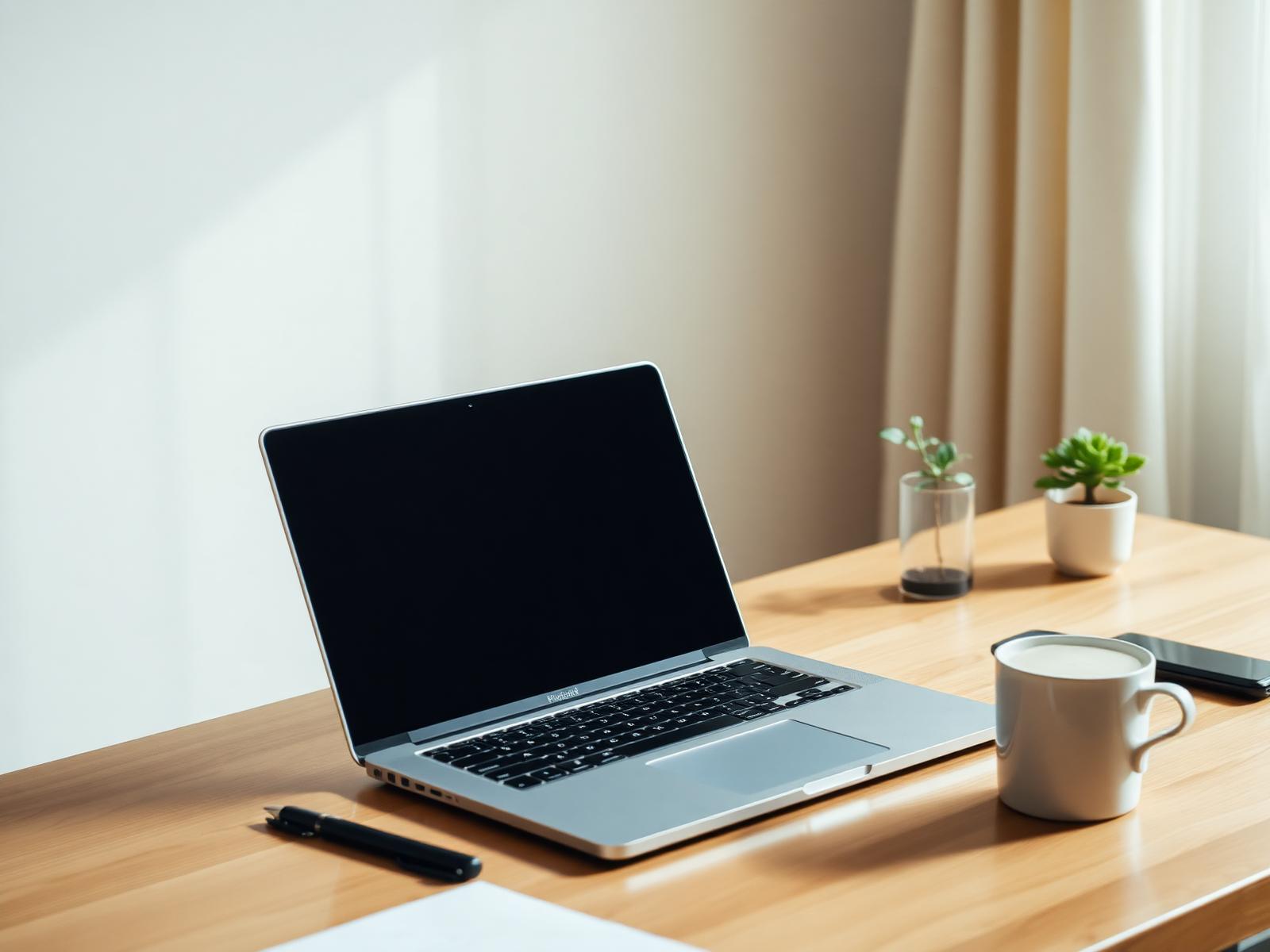 Minimalist wooden desk with a modern laptop, plant and coffee in soft morning light