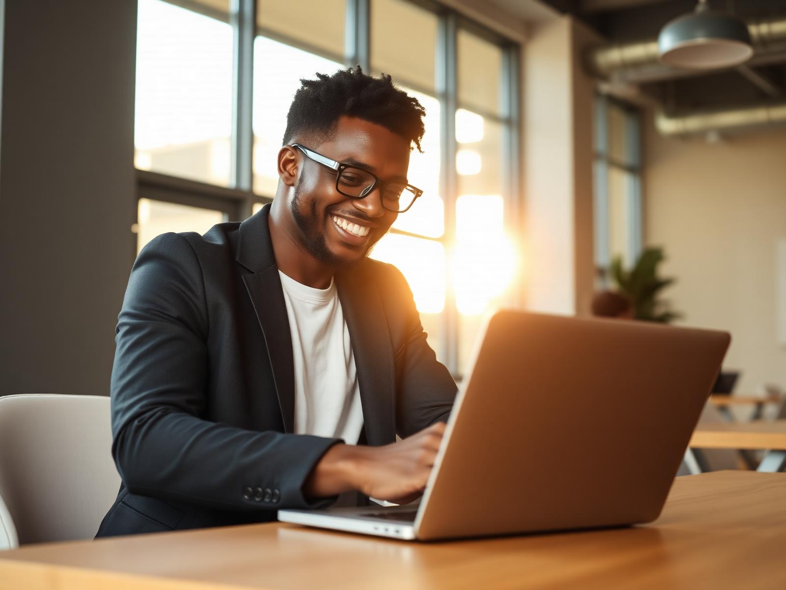 Smiling Nigerian professional working on a laptop in a sunlit co-working space