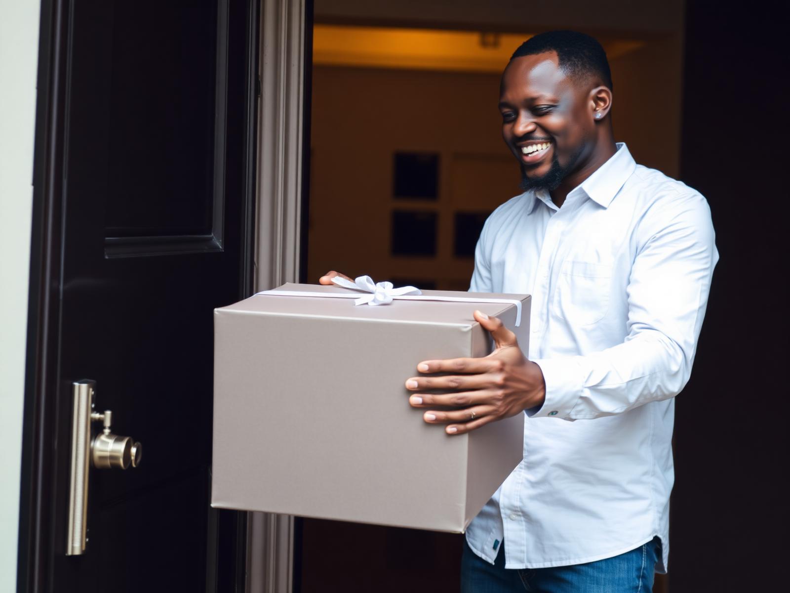 Happy customer receiving a premium tech delivery at their doorstep